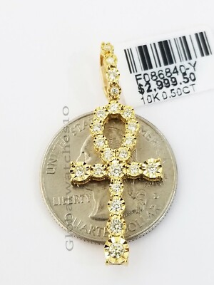 Pre-owned Globalwatches10 10k Yellow Gold 0.50 Ct Diamond Ankh Cross Men Women Charm Pendant 1.5" Realgold