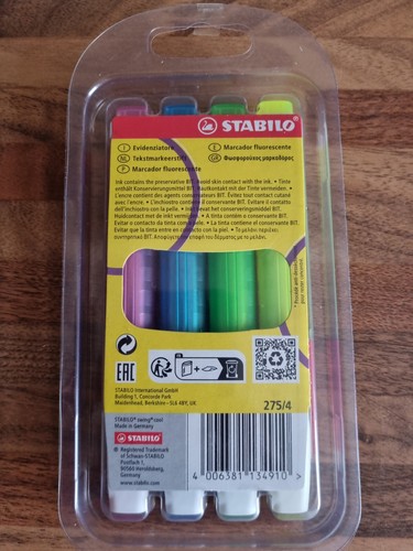 New Stabilo Swing Cool Highlighter Marker Pens - Wallet of 4 - Assorted Colours