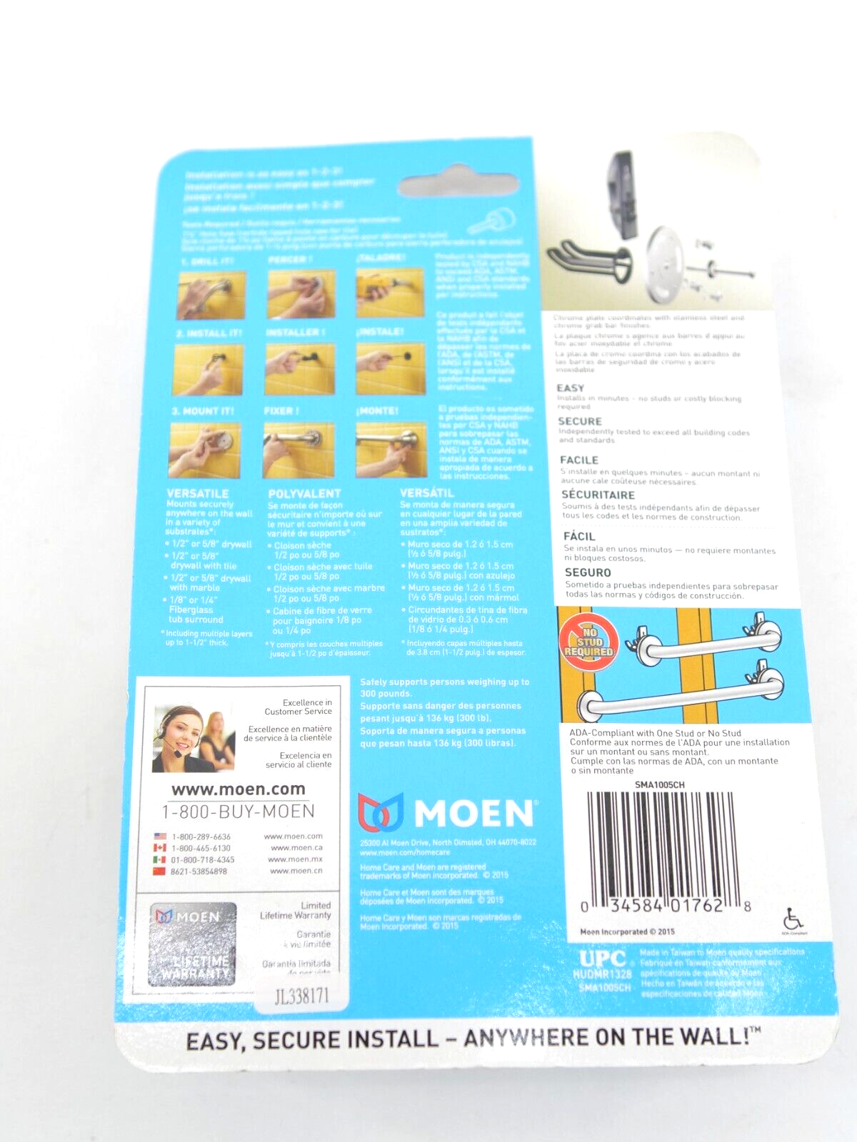 Secure mount Moen SMA1005CH Home Care Grab Bar Mounting Anchor Chrome