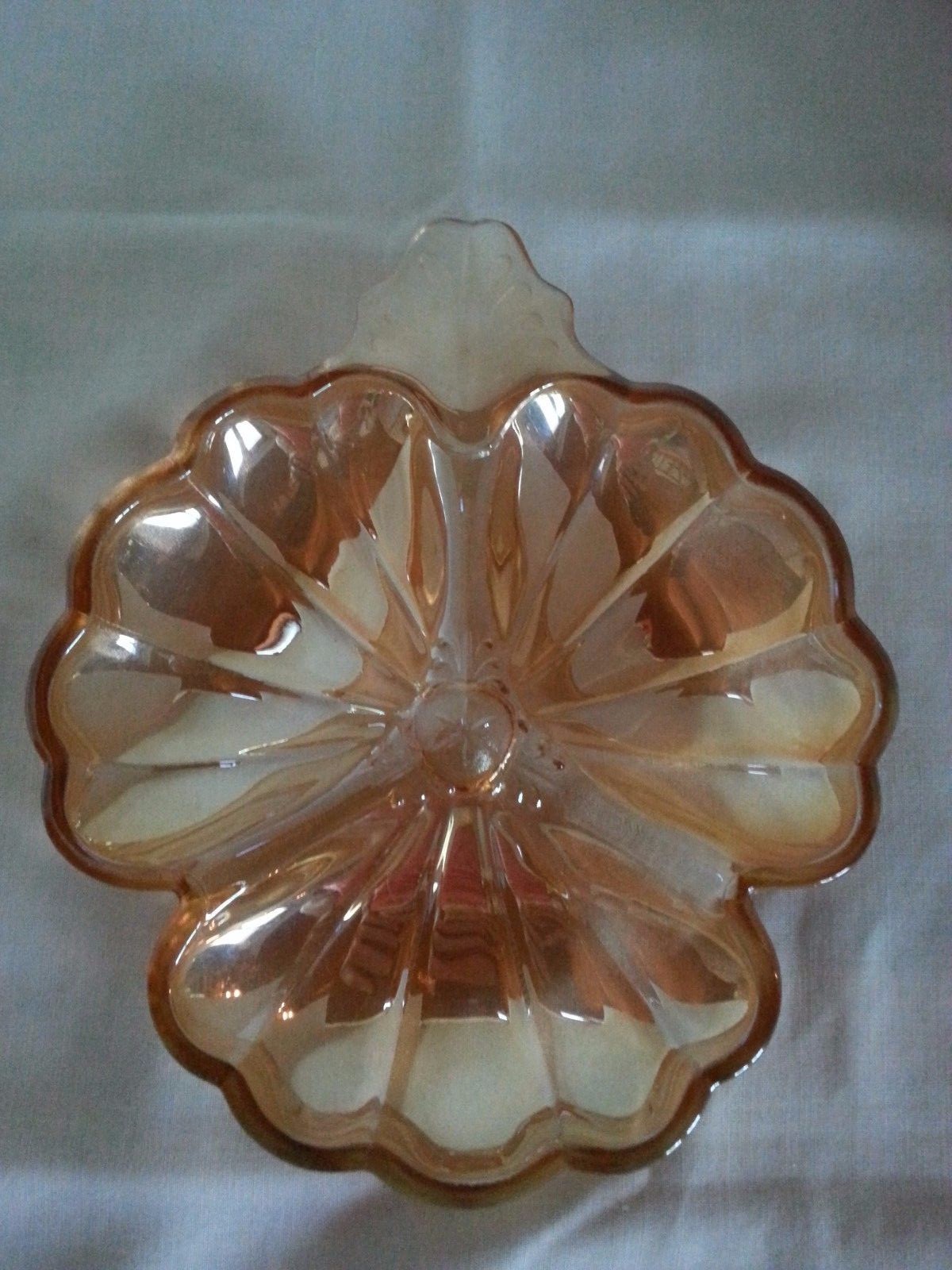 Jeannette Amber Iridescent Carnival Glass Clover Handled Relish Dish Bowl