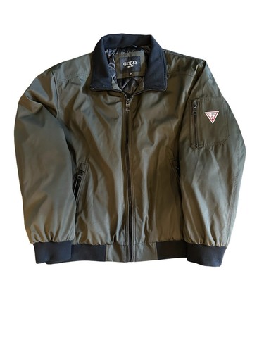 Men's GUESS Bomber Jacket Army Green And Black Quilted
