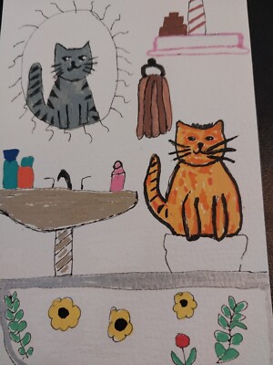 Cat Kitten Bathroom IMPRESSIONISM ORIGINAL 4x6 WHIMSICAL ANIMALS Gat Painting