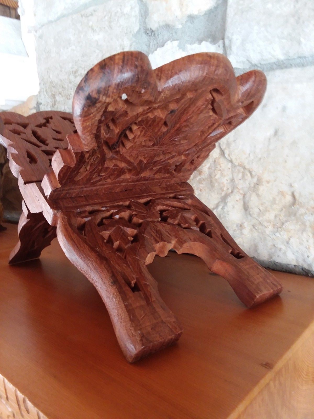 Vintage Hand Carved Teak Wood Book Recipe Cookbook Bible Stand Holder Folding