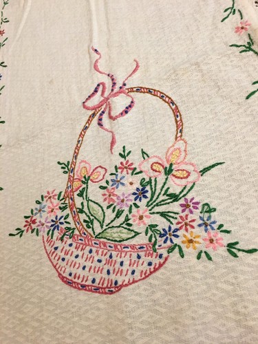 Vtg Red Flower Basket Dresser Scarf Table Runner Hand Embroidered 38x14 B50