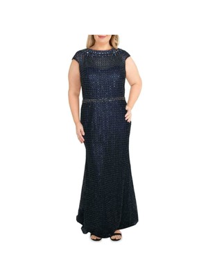 

MAC DUGGAL Женское темно-синее вечернее платье-футляр полной длины с круглым вырезом и бисером, Navy