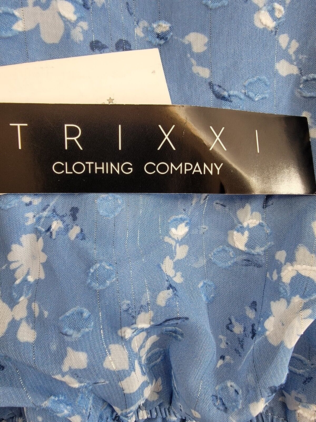 Trixxi Long-Sleeve Tied-Waist Dress Juniors' M Blue/Ivory Tie Waist Back Button - Picture 16 of 17