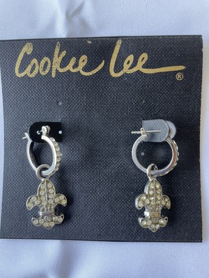 Cookie Lee  French Fleur de Lis Clear Crystal Hook Earrings NWT