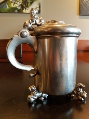Gullsmed Tinn Pewter Norway Viking Tankard Stein w/COIN Figural Lion Ball Feet