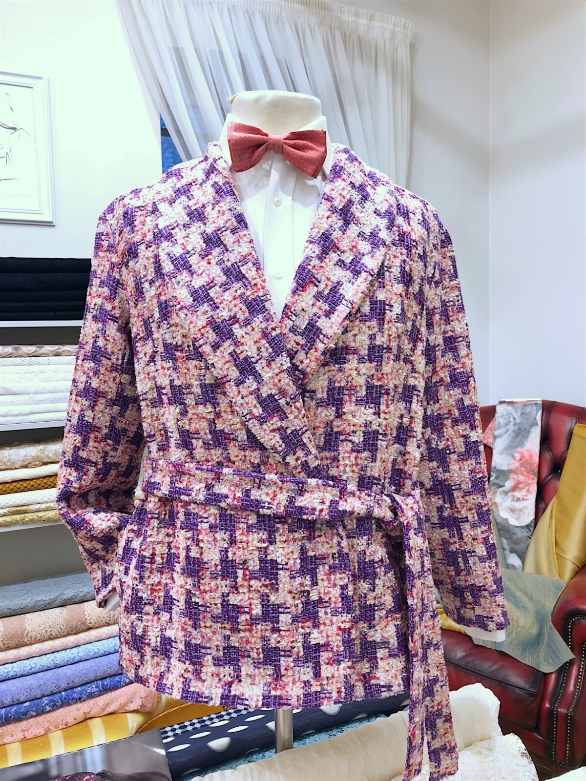 Pre-owned Studio Women´s Tweed Jacket Boucle Cotton Blend Pink Lilac Houndstooth Oversized