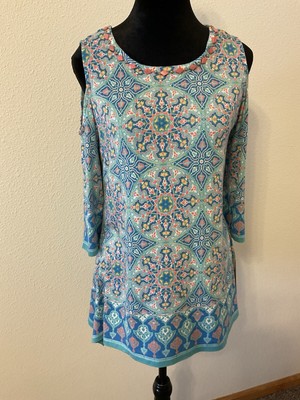 Ruby Rd Cold Shoulder Size XS new With Tags Solarium Border Aquamarine