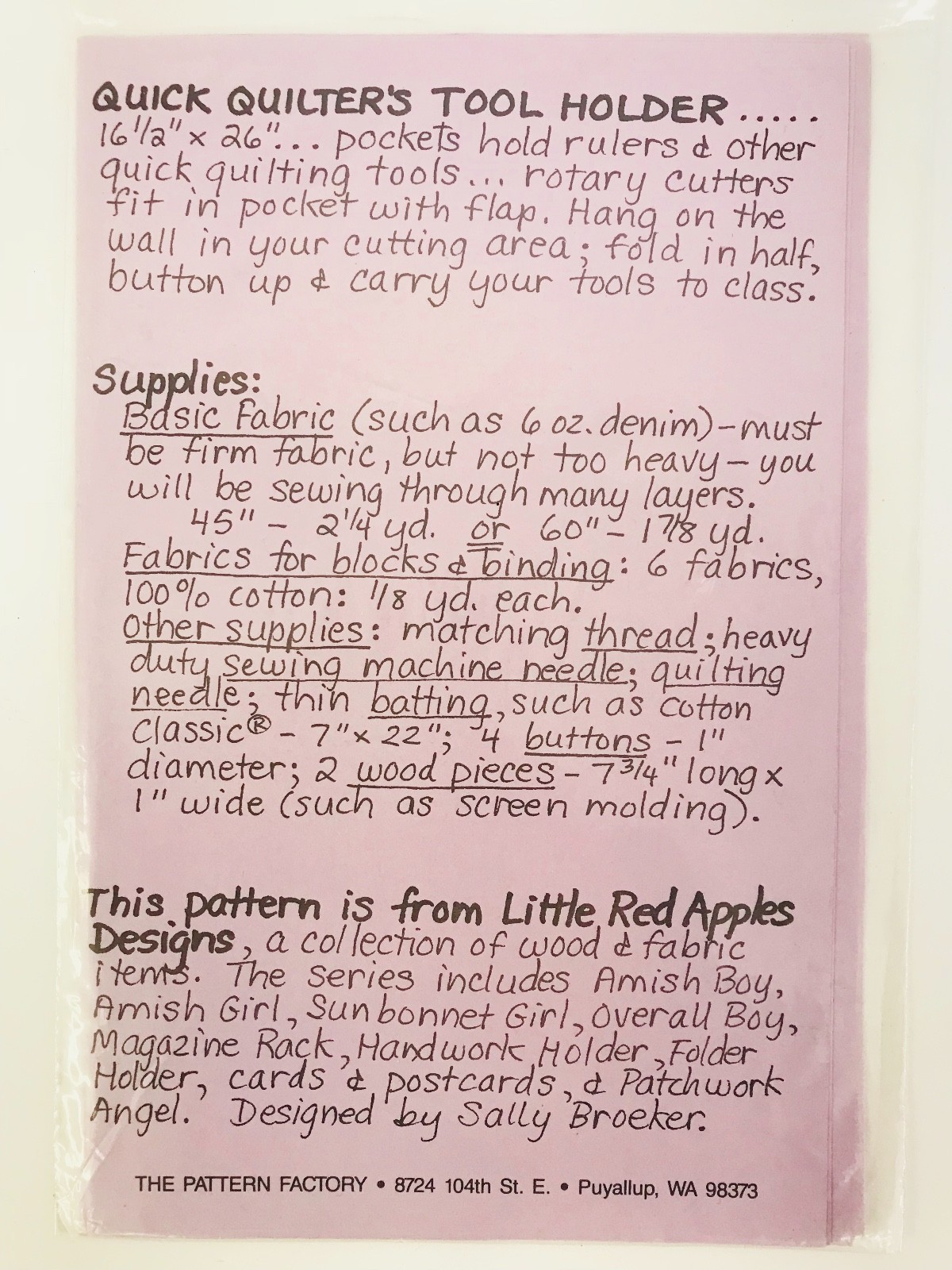 Quick Quilters Tool Holder Pattern 16.5