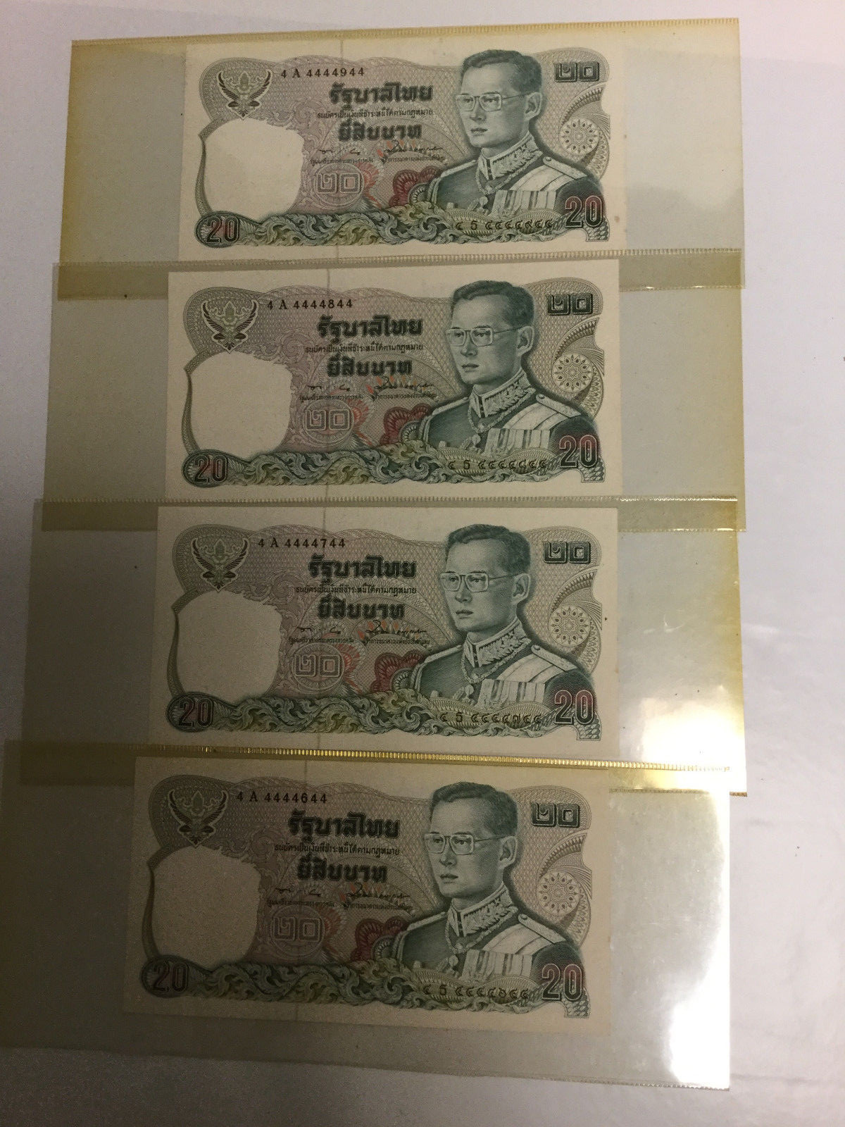 Thai Note Fancy number 20 Baht(7 digits)  set of 4 Start 4A 4444644,744,844,944