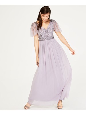 

ADRIANNA PAPELL Женское пурпурное вечернее платье макси с короткими рукавами и V-образным вырезом, Фиолетовый