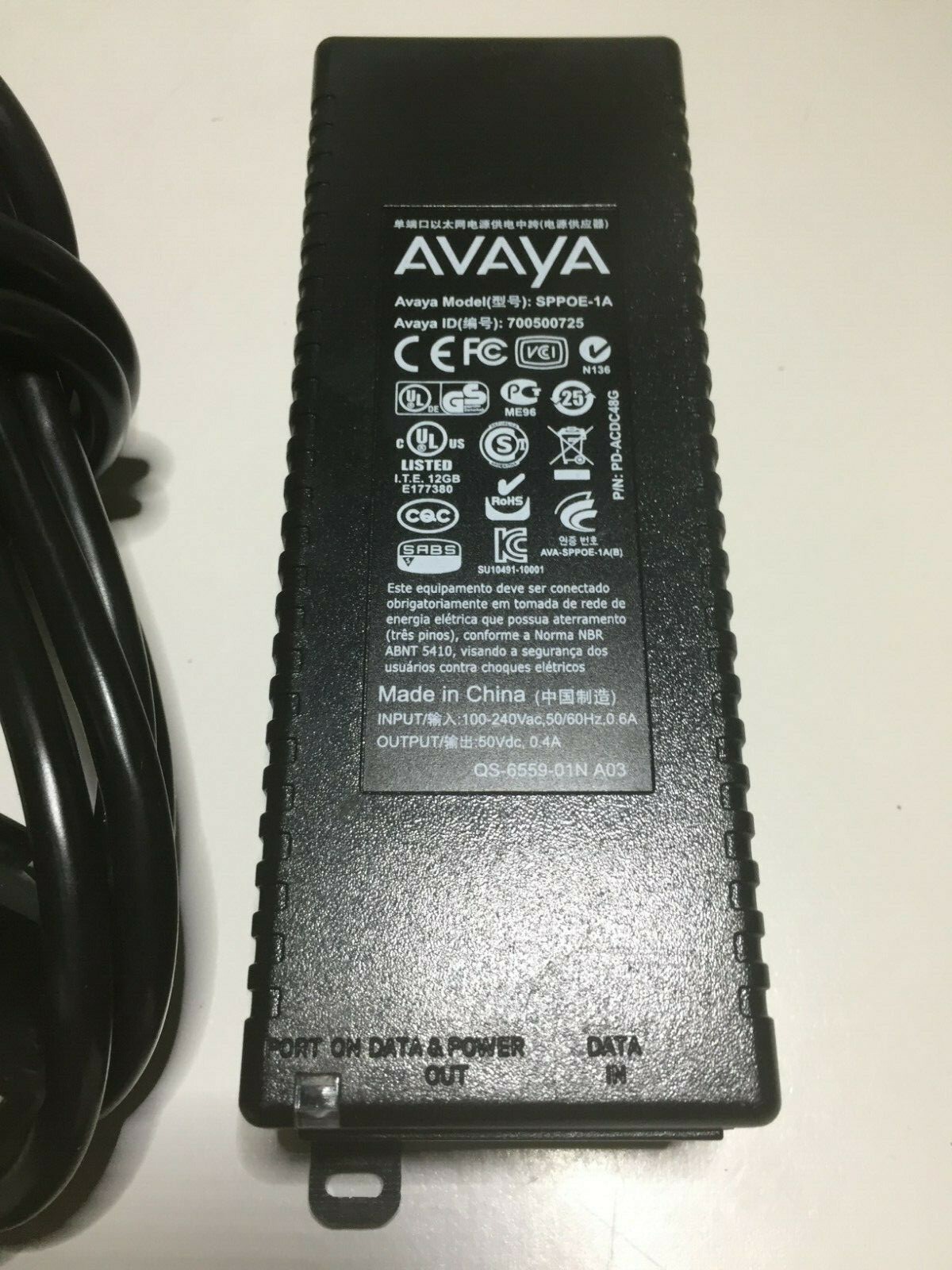 AVAYA 700500725 SPPOE-1A-IP Phone Single Port PoE Injector WITH POWER CORD