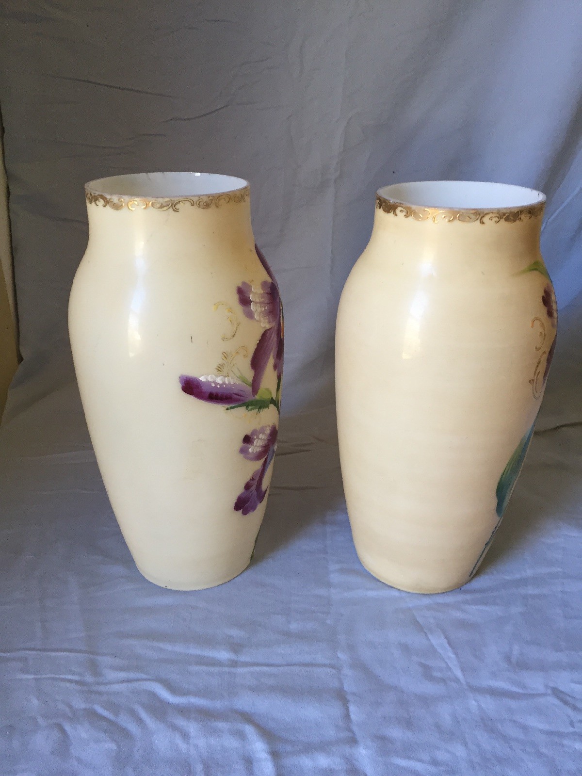 Antique Pair of Enamel Decorated Handpainted Bristol Vases 11 1/4