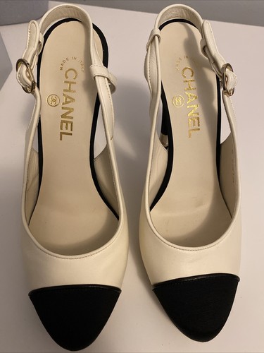 $800 Final Price - Chanel White/Black Slingback Pumps, Size