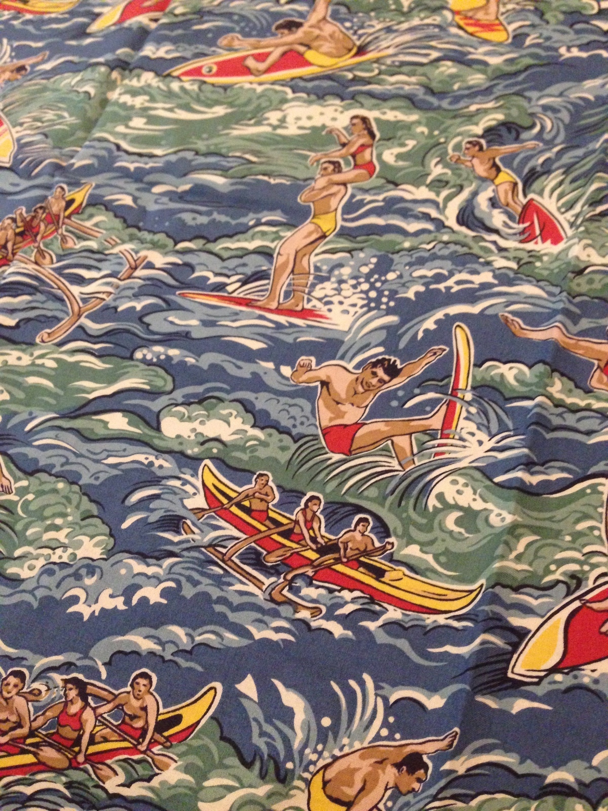 Vintage Hawaiian Polynesian Sport Surfer Beach Novelty Print Fabric-36