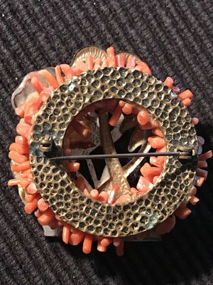 Vintage, Rare Enamel, Coral, Mother Of Pearl Flamingo, Palm Trees