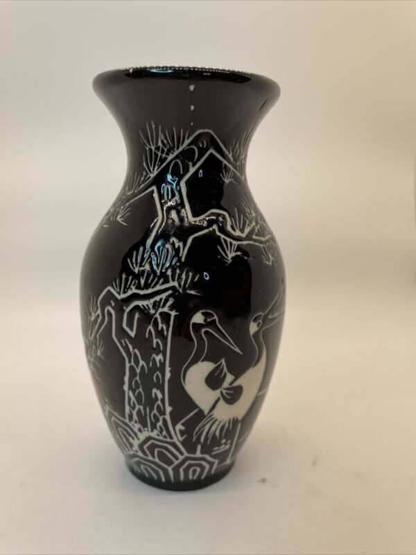 Famille Noire Vase in Hand Painted Vintage Chinese Porcelain Repaired