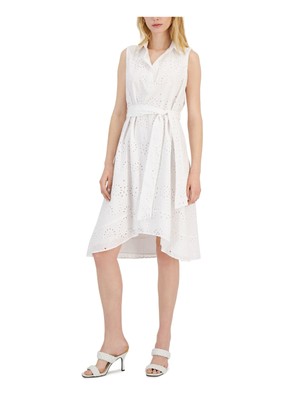 DONNA KARAN NEW YORK Womens White Lined Tie Belt Asymmetrical Hem Dress 2