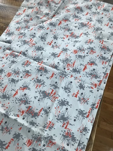 Vintage 1950's Mid Century 4 yards Gray Orange Man Woman Car Model T Fabric