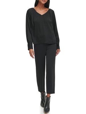 CALVIN KLEIN Womens Black Textured Lined Pullover Cuffed Sleeve V Neck Top XL