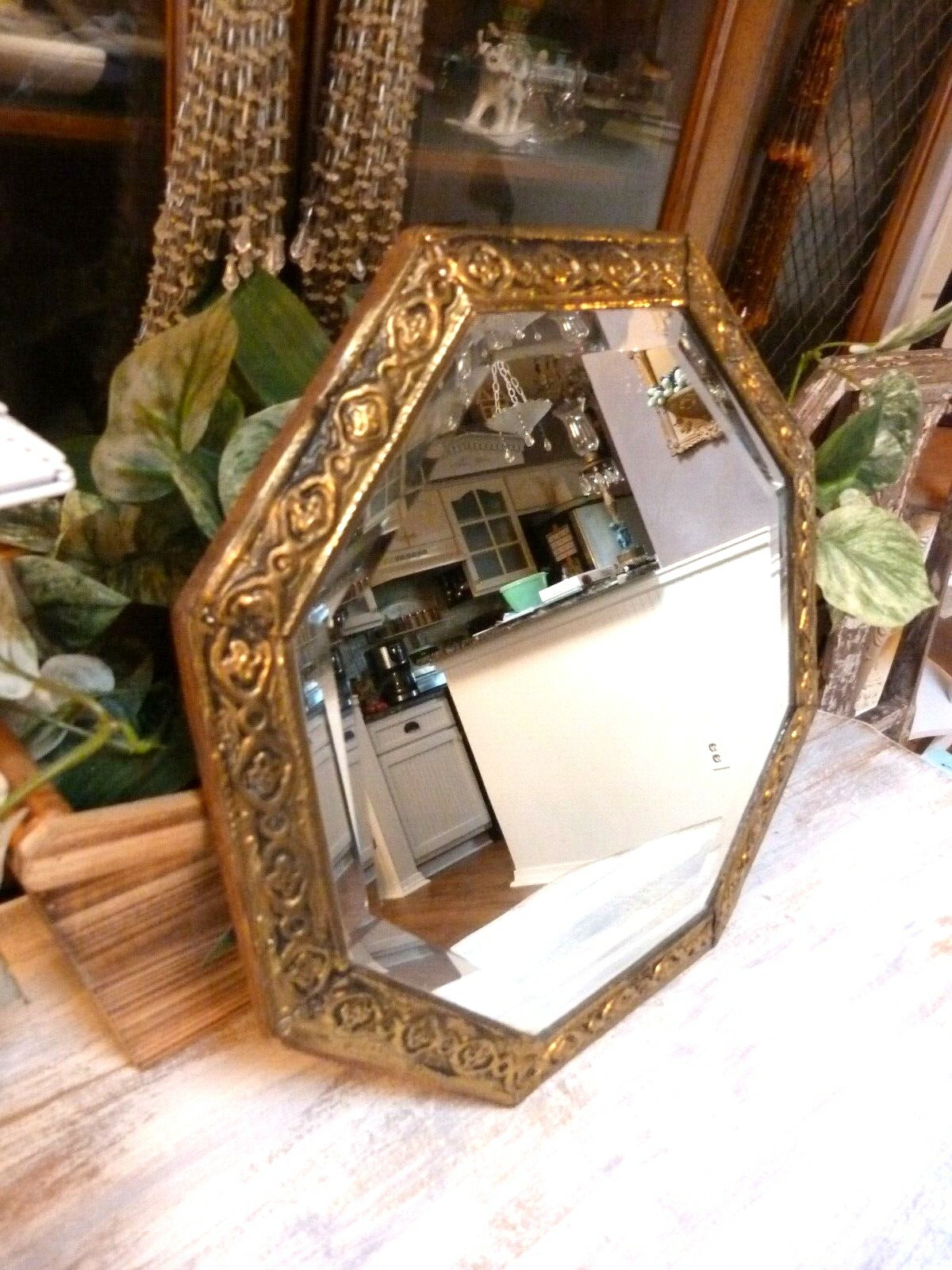 Antique Beveled OCTAGONAL Brass MIRROR