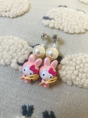 Hello Kitty Bunny Mascot Earrings Pearls Sanrio Charm Paris Hilton Style Pink