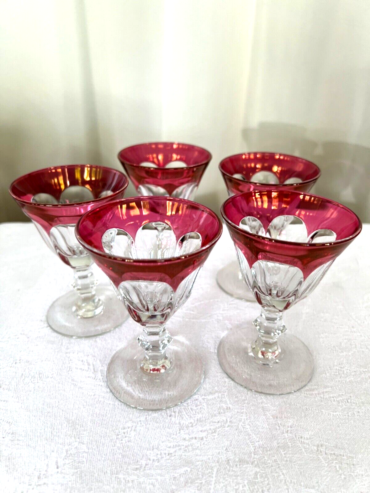 SET  5 BLEIKRISTALL HANDGESCHLIFFEN CRYSTAL RUBY RED COLOR FOOTED CORDIAL GLASS