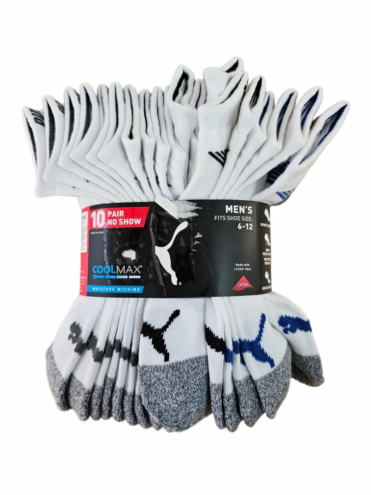10 PAIR Puma Mens No Show Socks CoolMax Sport Cushion White - SIZE 6-12
