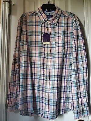 Alan Flusser Men s Dress Shirt Cotton/linen Button Up long sleeve Plaid XL NWT