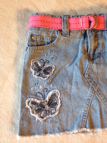Girl Blue Jeans Skorts Sz M 8-10 Circo Rough Bottom Trim Embroidery Pink Belt fx
