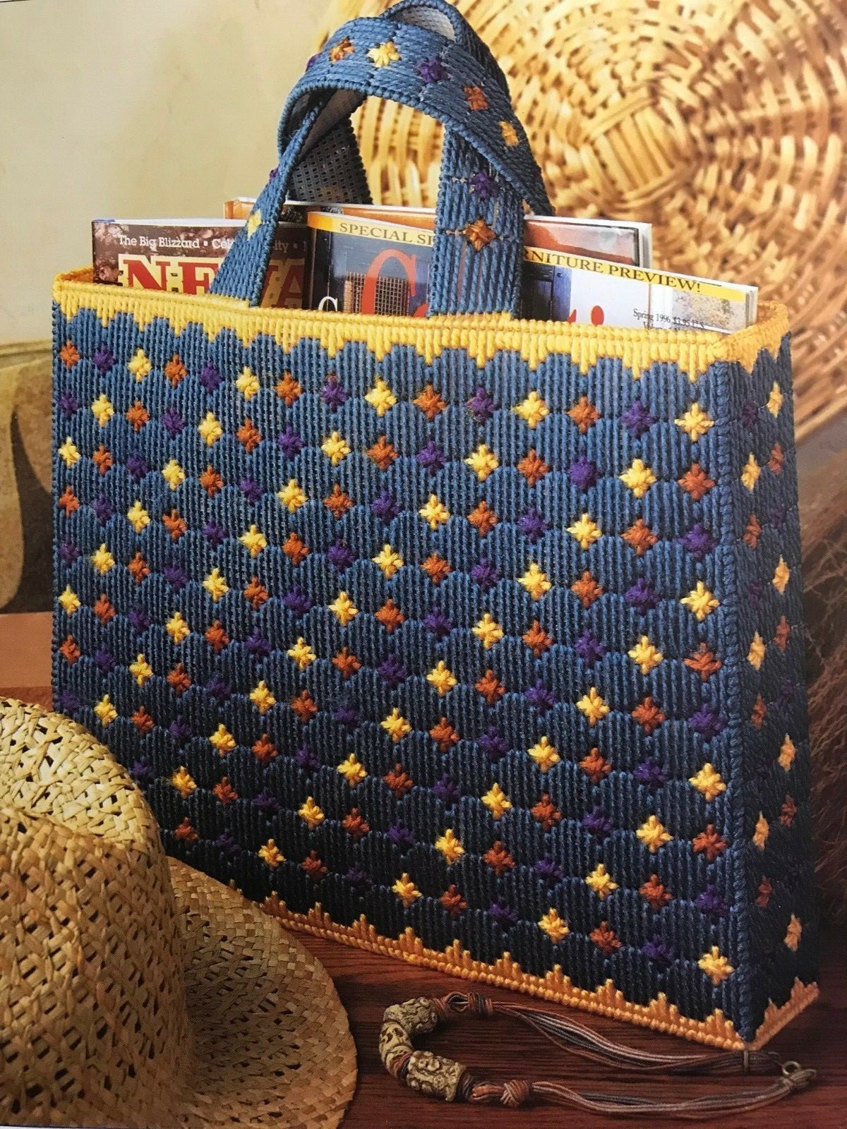 Annies Attic Club Plastic Canvas Patterns Tote Bags/Kitty/Bear/Summertime/School