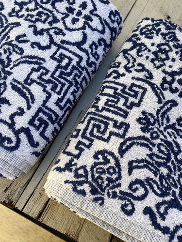 Set/2 Geometric Indigo Blue White Cotton Usa Vintage