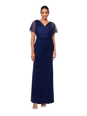 B&A  BY BETSY & ADAM Womens Navy Lined Wrap Mesh Bodice Flutter Sleeve Dress 6
