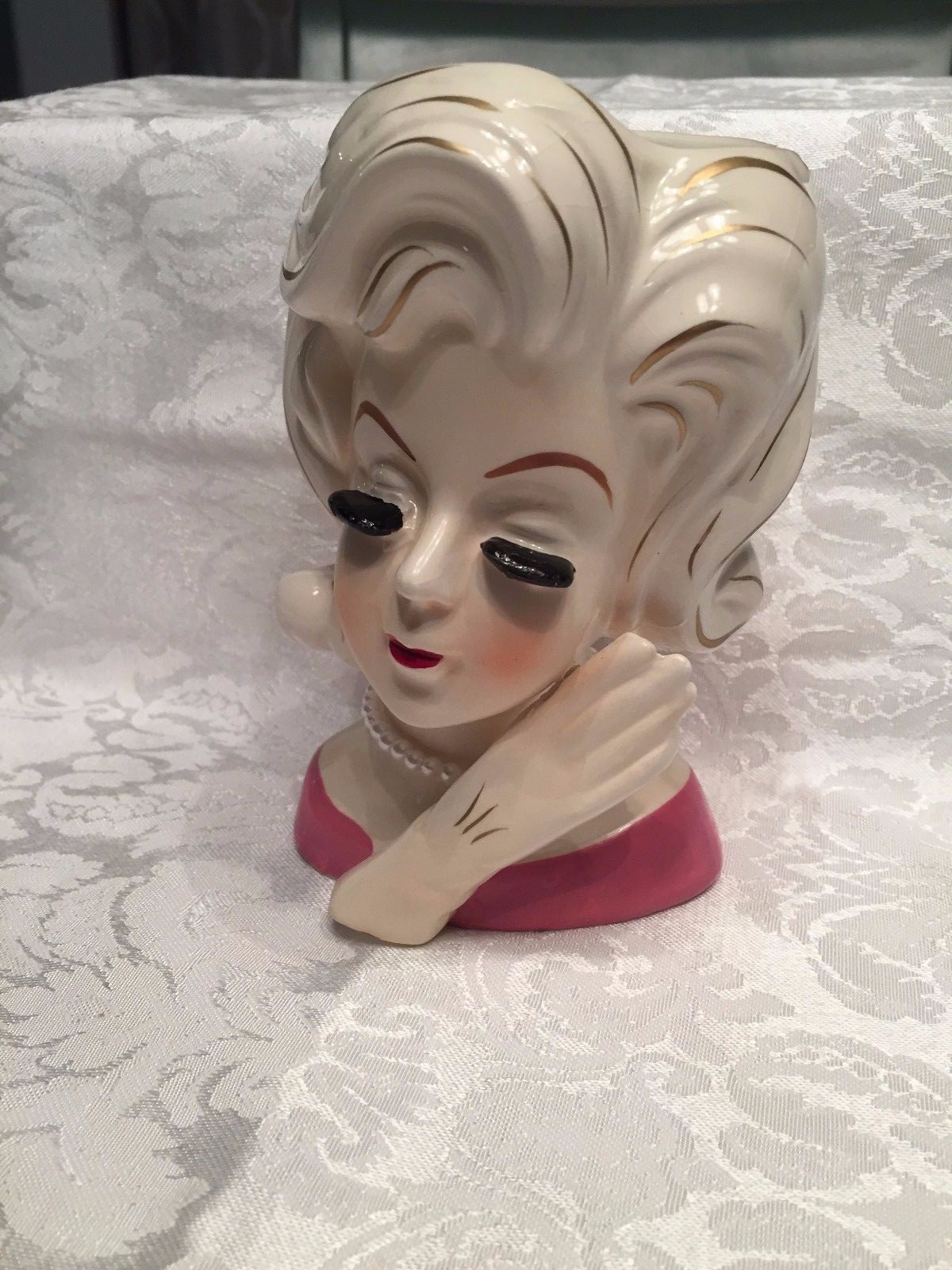 Head vase Lady with a pink dress on white hair with gold streaks  pearls