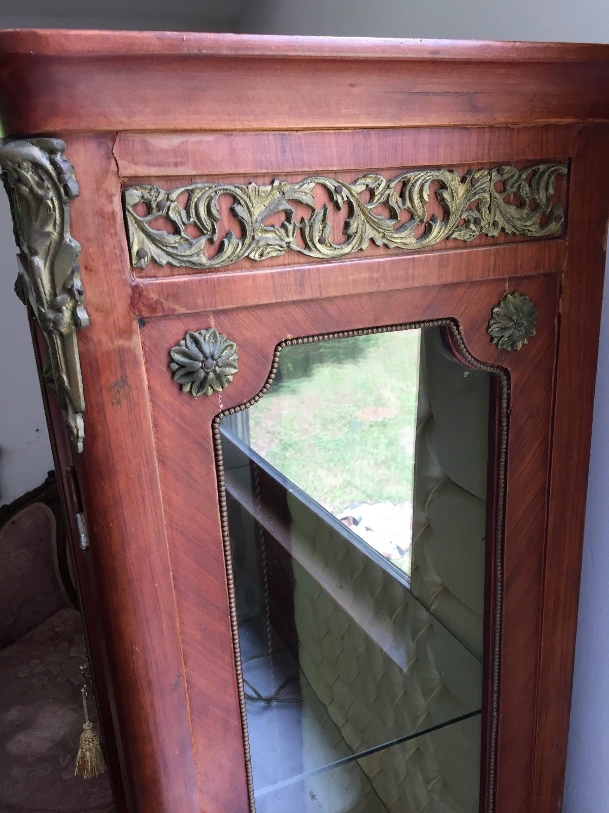 Antique Vitrine Tufted Back French Curio Cabinet