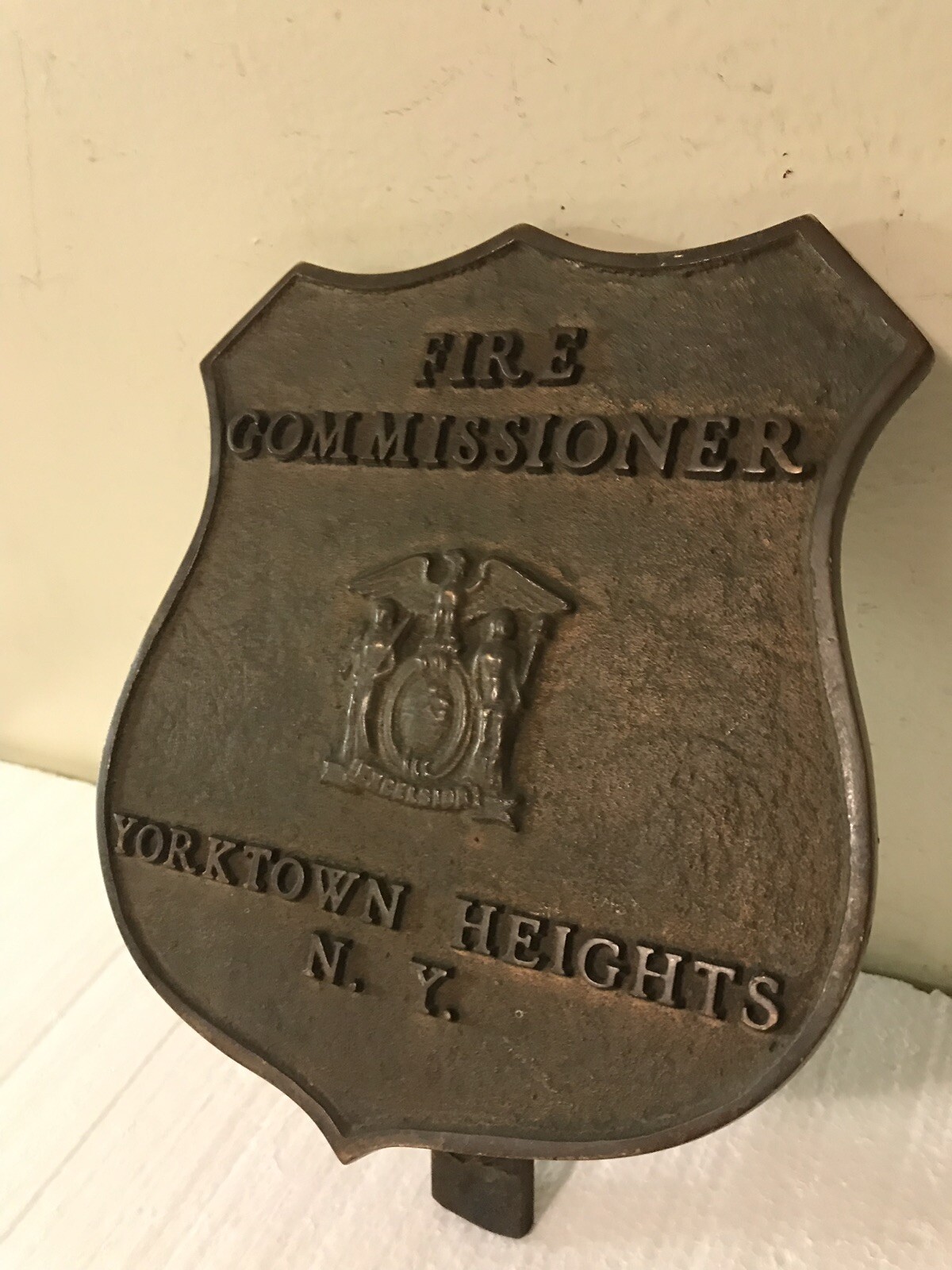 Vintage Brass Bronze Fire Commissioner Yorktown Hts Bumper Badge Plaque Topper