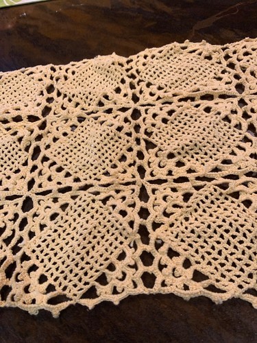 Lace Dresser Scarf Vintage 1930s Hand Crocheted Orange Beige Table Runner