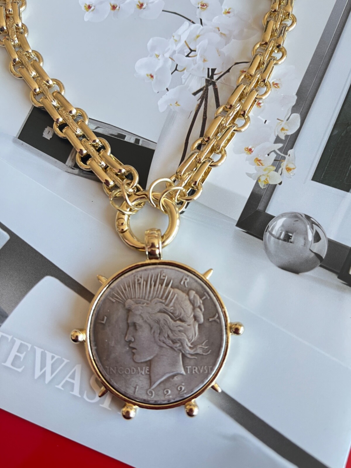 Dual Sided  Statement  large vintage coin pendant with chunky chain.