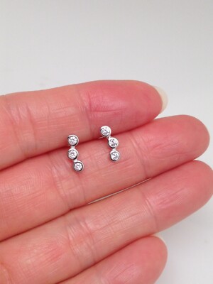 Cz Three Stone Bar Stud Earrings 925 Sterling Silver Tiny Post Studs 9mm x2.5mm