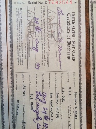 3 1949  U.S. Coast Guard Certificate of Discharge Merchant Seaman Steam Vessels