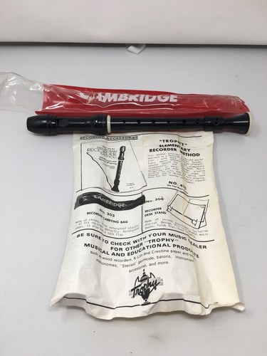 Black Elementary Recorder W/ Carrying Bag & Instructions 10.5” Cambridge Trophy