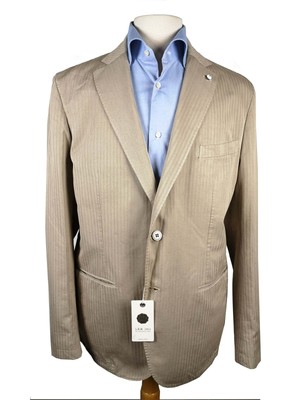 LBM 1911 Suit 44R/45R Beige Herringbone 2-Button Cotton/Silk