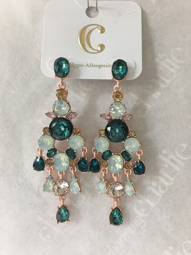 Charming Charlie Crown Jewels Rhinestone Green Chandelier Earrings Rose Gold