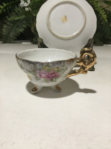 Vintage Hand Painted Porcelain Minature Tea Cup & Saucer Pink Floral Design Gold