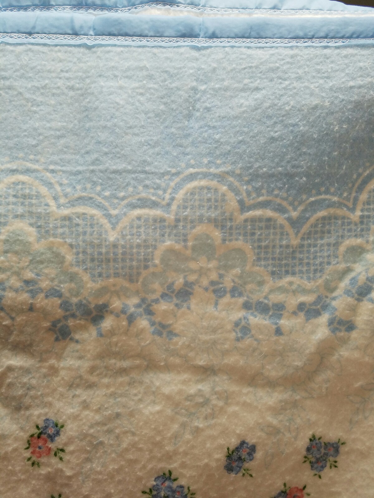 Vintage BLANKET w/ Satin Trim & FLOWERS & Printed LACE TOP - Blue 102x88 Made in
