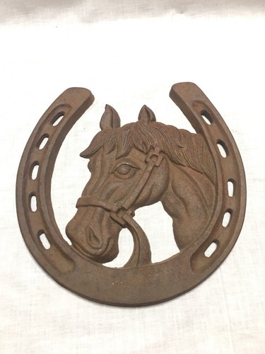 Large 10” Cast Iron Horse Figure In Horse Shoe Wall Decor Heavy Rusty Farm Decor