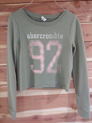 Abercrombie Kids Girls Long Sleeve Top Size L Logo Cropped Green Sweatshirt