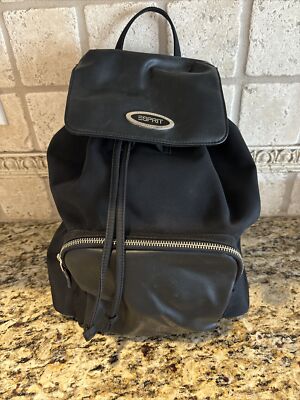 Espirit Black Backpack Purse Faux Leather Nylon Adjustable Straps